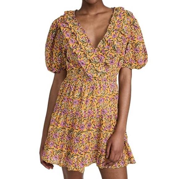 Rahi Del Sole Chiara Mini cotton Dress Puff Sleeves Lined Floral V Neck ruffle - Picture 1 of 9